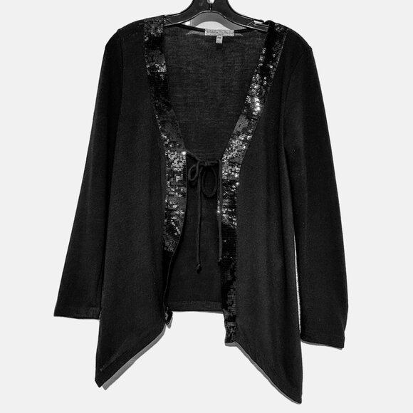 Dressy lightweight black knit long-in-front cardigan & wide Black sequin trim - Picture 1 of 5